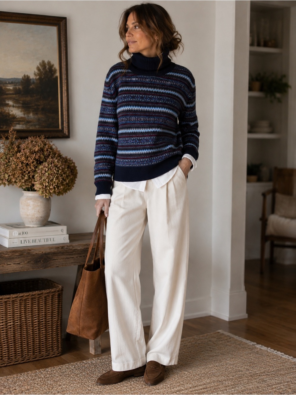 LL Bean Turtleneck Cotton/Cashmere Fair Isle Sweater - Navy Multi- Small